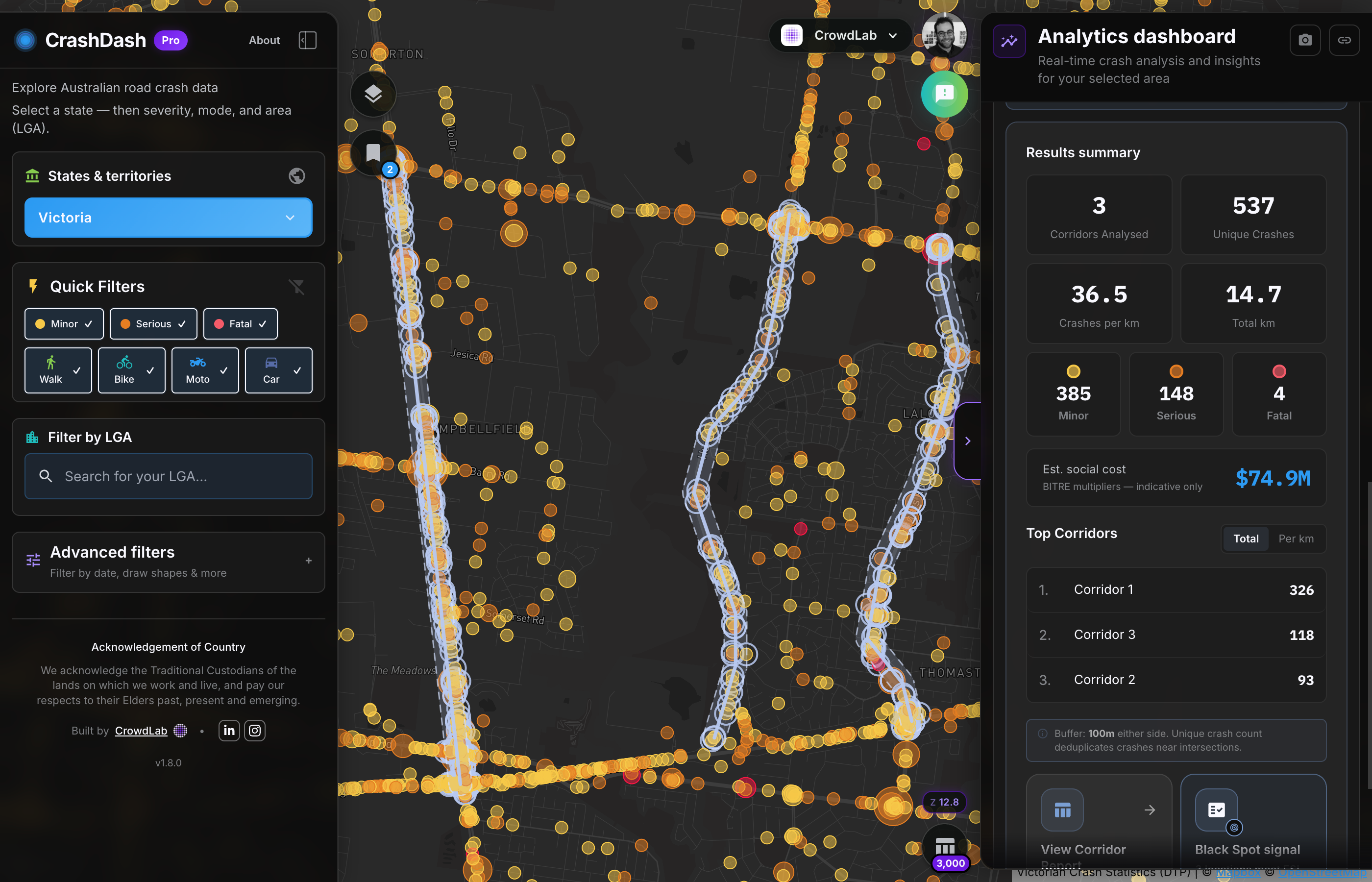 CrashDash Pro Corridor analysis along road segments with buffer and crash counts.