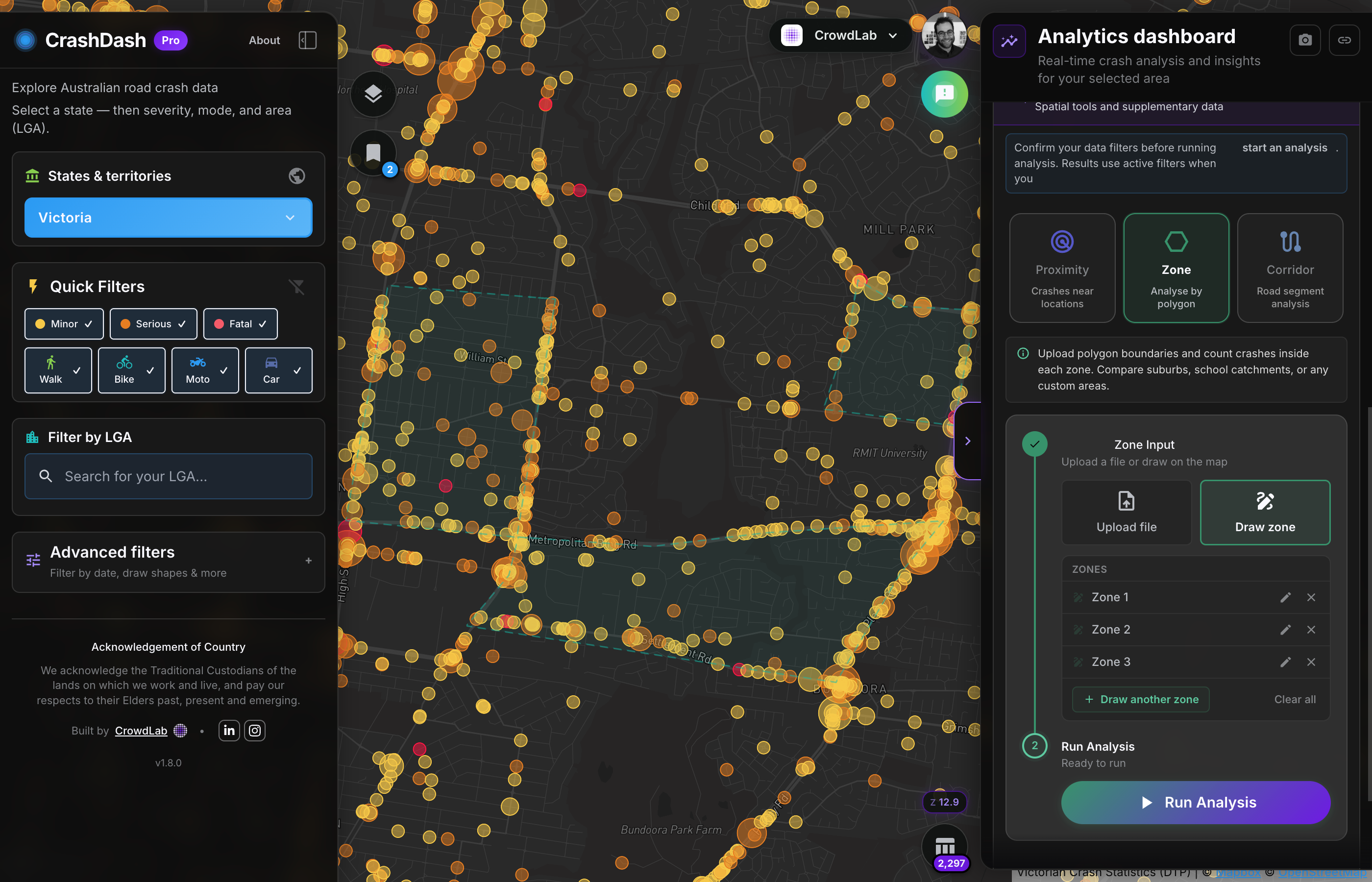 CrashDash Pro Zone analysis with polygon areas on the map and per-zone crash summaries.